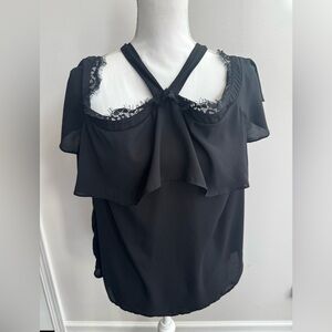 New York & Company Black Lace Accent Blouse On or Off Shoulder